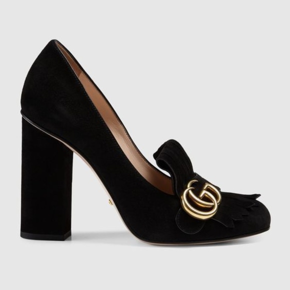 GUCCI Marmont GG Black Suede Fringe Loafer Heel 34 - Picture 2 of 8